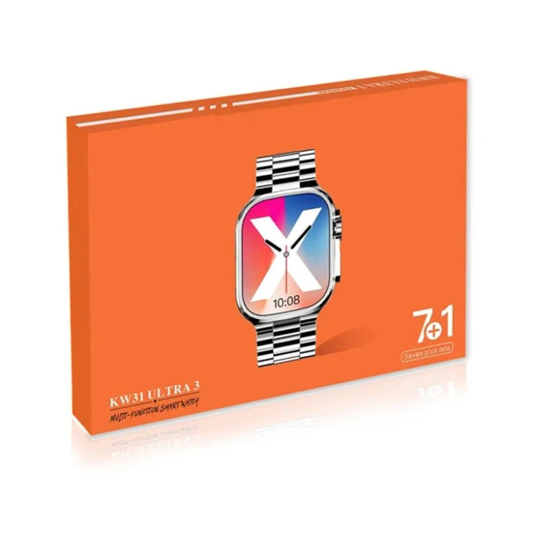 ساعت هوشمند قاب 44 میلیمتری KW31 Ultra3 با بدنه تیتانیومی و بند فلزی، کنترل موسیقی و مکالمه بلوتوثی، سنسور ضربان قلب، اکسیژن و فشار خون، هشدار نشستن طولانی، یادآوری نوشیدن آب و قابلیت مکالمه و سازگار با اندروید و iOS