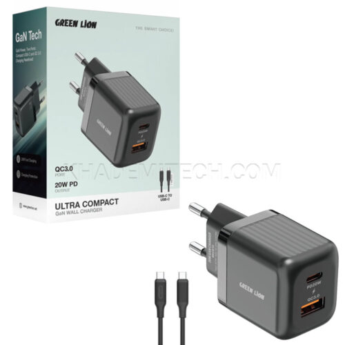 کلگی شارژر گرین لاین مدل GREEN LION GNWPQEUCTCBK PD 20W+به همراه کابل تایپ سی