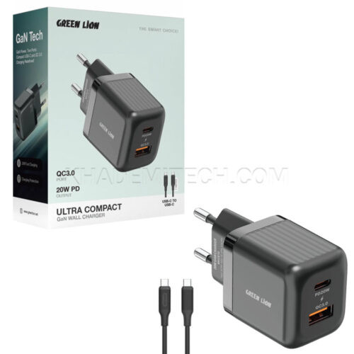 کلگی شارژر گرین لاین مدل GREEN LION GNWPQEUCTCBK PD 20W+به همراه کابل تایپ سی