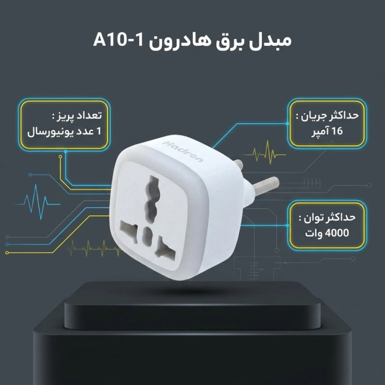 مبدل برق هادرون مدل A10-1، تبدیل دیواری با ورودی یونیورسال، پشتیبانی از دوشاخههای دوپین آمریکایی، 1 پریز، حداکثر جریان 16 آمپر، توان 4000 وات، ولتاژ ورودی 250 ولت، بدنه پلیکربنات و نوار روشن
